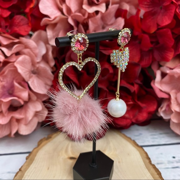 Romantic Crystal Pearl Pink Puff Pom Pom Earrings - Picture 6 of 15